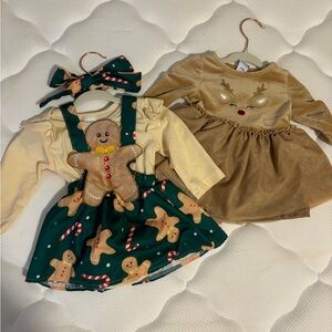 Holiday Gingerbread & Reindeer Girls Dress Set - Beige, Green